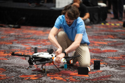 Voliro representative setting up drone in Indoor Airspace area